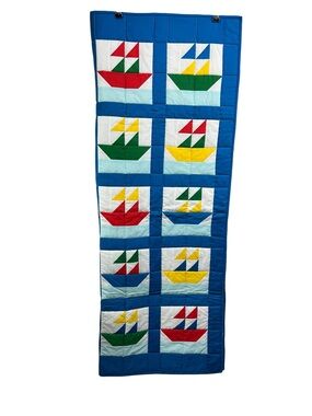 Handmade Nautical Themed Sailboat Quilt Primary Triangle Pieced Blocks 52 x 40